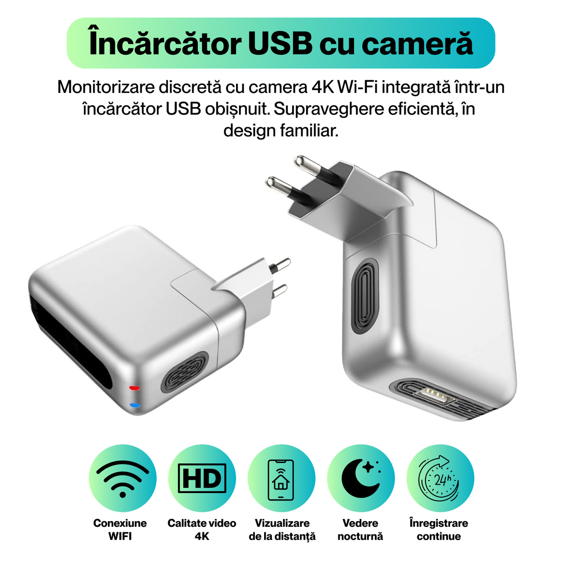 Incarcator USB cu camera ascunsa 4K, B22, WIFI 2.4GHz, vedere nocturna, detectarea miscarii, unghi de 166°