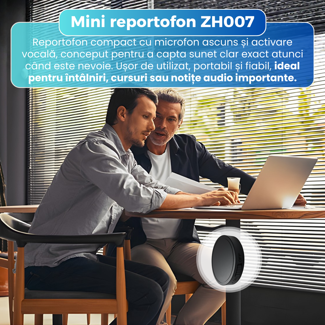 Reportofon magnetic cu microfon ascuns, ZH007, activare vocala, MP3 Player, memorie interna 128GB, inregistrare HD, baterie 440 mAh, USB-C, negru