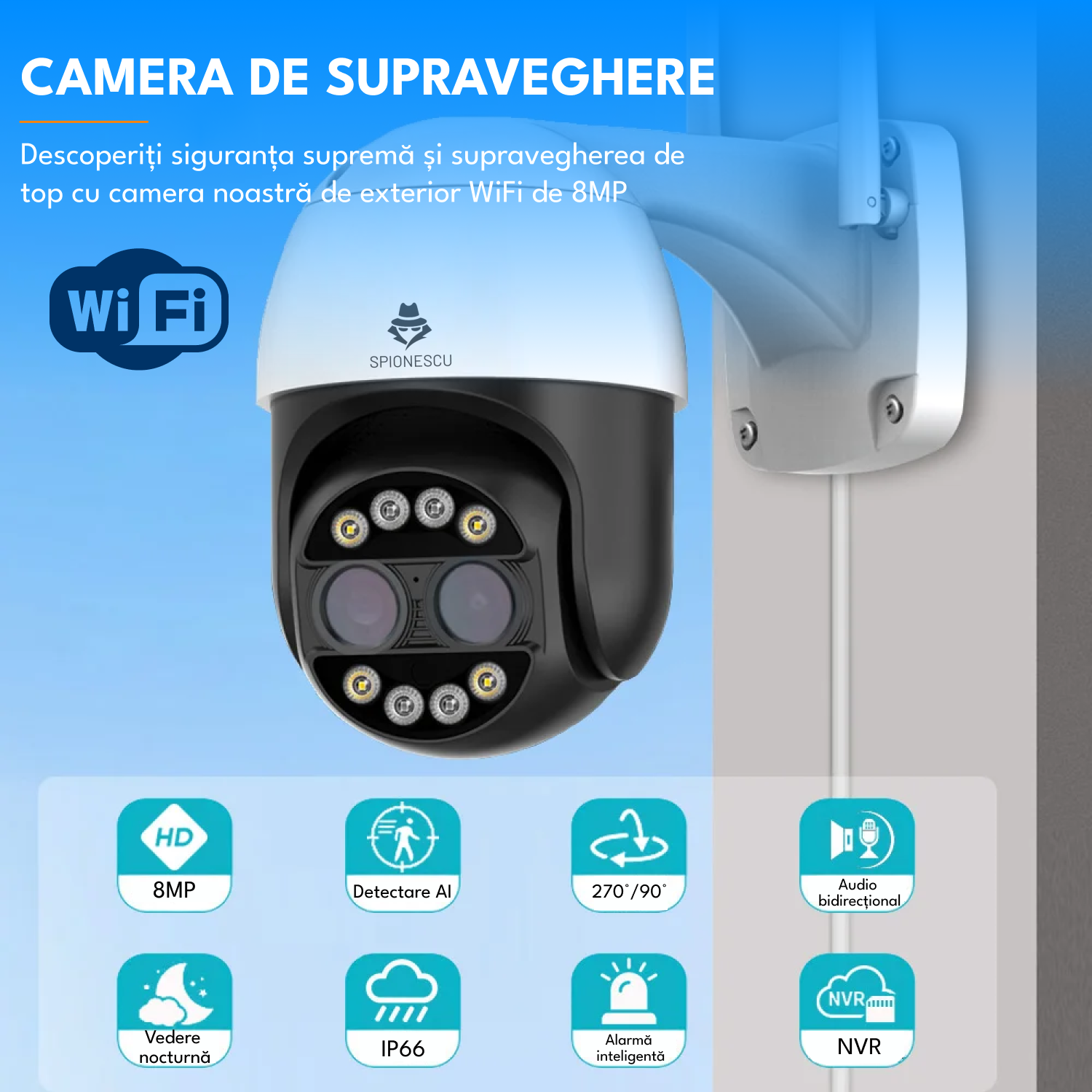 Camera de supraveghere, WiFi, 8MP, 4K, zoom digital 8x, detectie umana AI, vedere nocturna, urmarire automata, audio bidirectional, lentile duble, rezistenta apa IP66