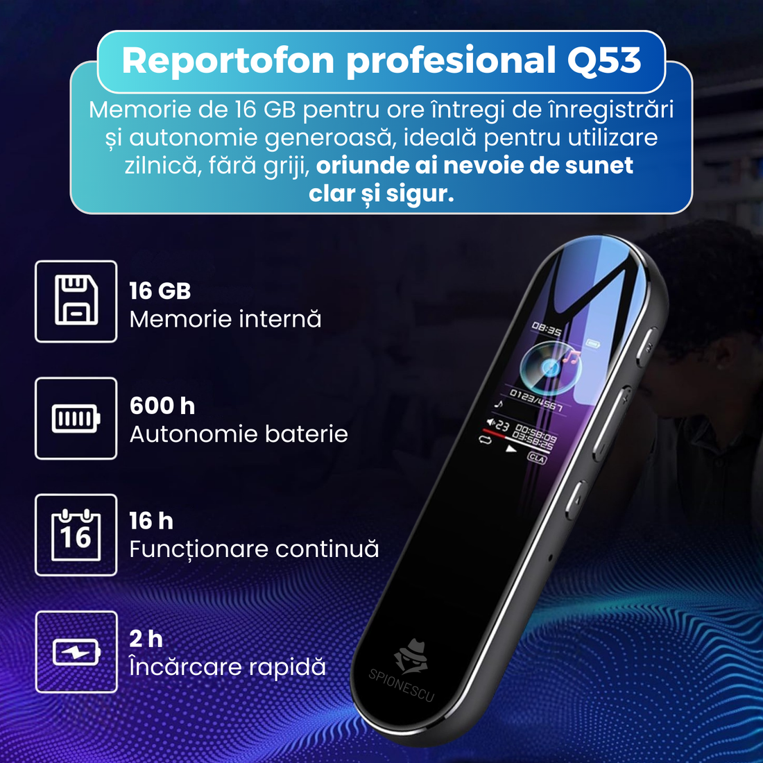 Reportofon digital profesional cu activare vocala, Q53, baterie 2300 mAh, inregistrare PCM 1536 kbps, MP3 player, parola la pornire, USB-C, compatibil Android si Mac, negru