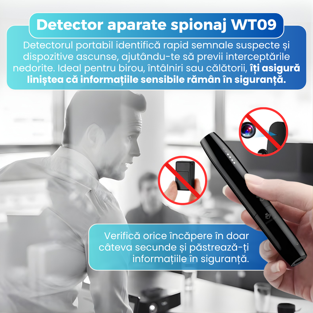 Detector aparate spionaj, WT09, detectare 1 MHz–6.5 GHz, raza 5 cm–10 m, detectare GPS magnetic, cip avansat, sensibilitate reglabila, baterie 300 mAh, dimensiune compacta, negru