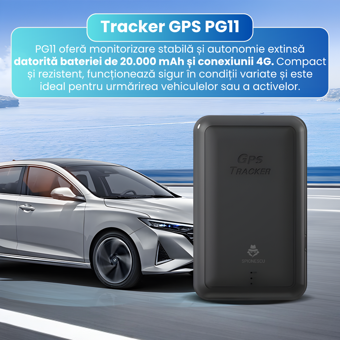 Tracker GPS PG11, localizare 4G in timp real, baterie 20 000 mAh, alerte miscare, pozitionare multipla GPS + WiFi + LBS + BD, fixare magnetica, aplicatie iOS/Android, negru