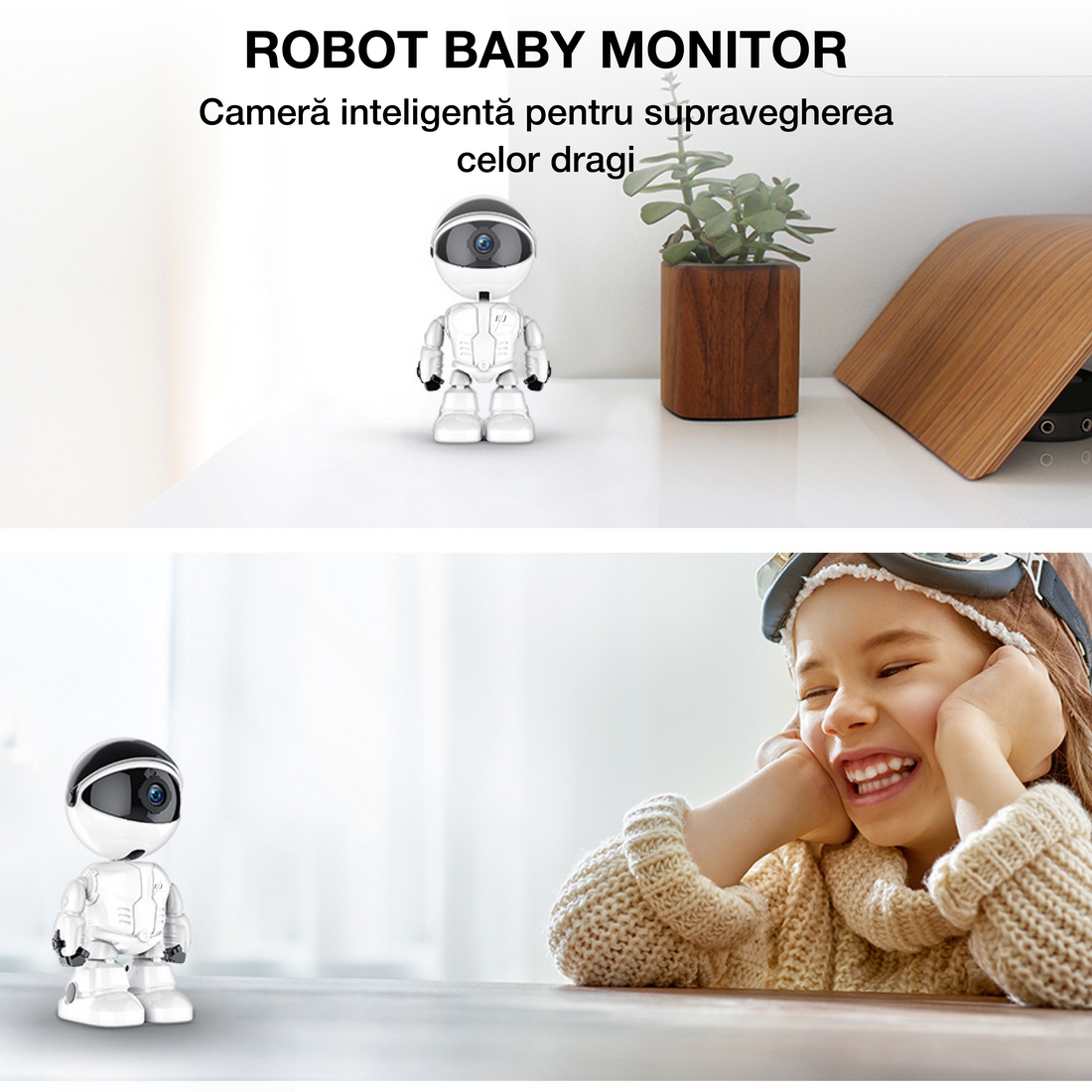 Robot baby monitor, camera supraveghere wireless 2 MP, HD 1080P, senzor de miscare,  rotire automata 360°, vedere nocturna, infrarosu