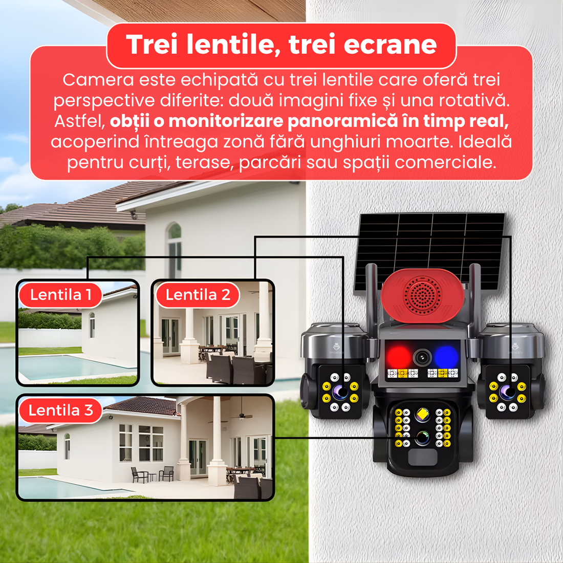 Camera de supraveghere cu panou solar, 4G, 12MP, zoom 10X, 3 lentile PTZ, detectie miscare PIR, viziune nocturna color, audio bidirectional, alarma luminoasa si sonora, rezistenta IP66