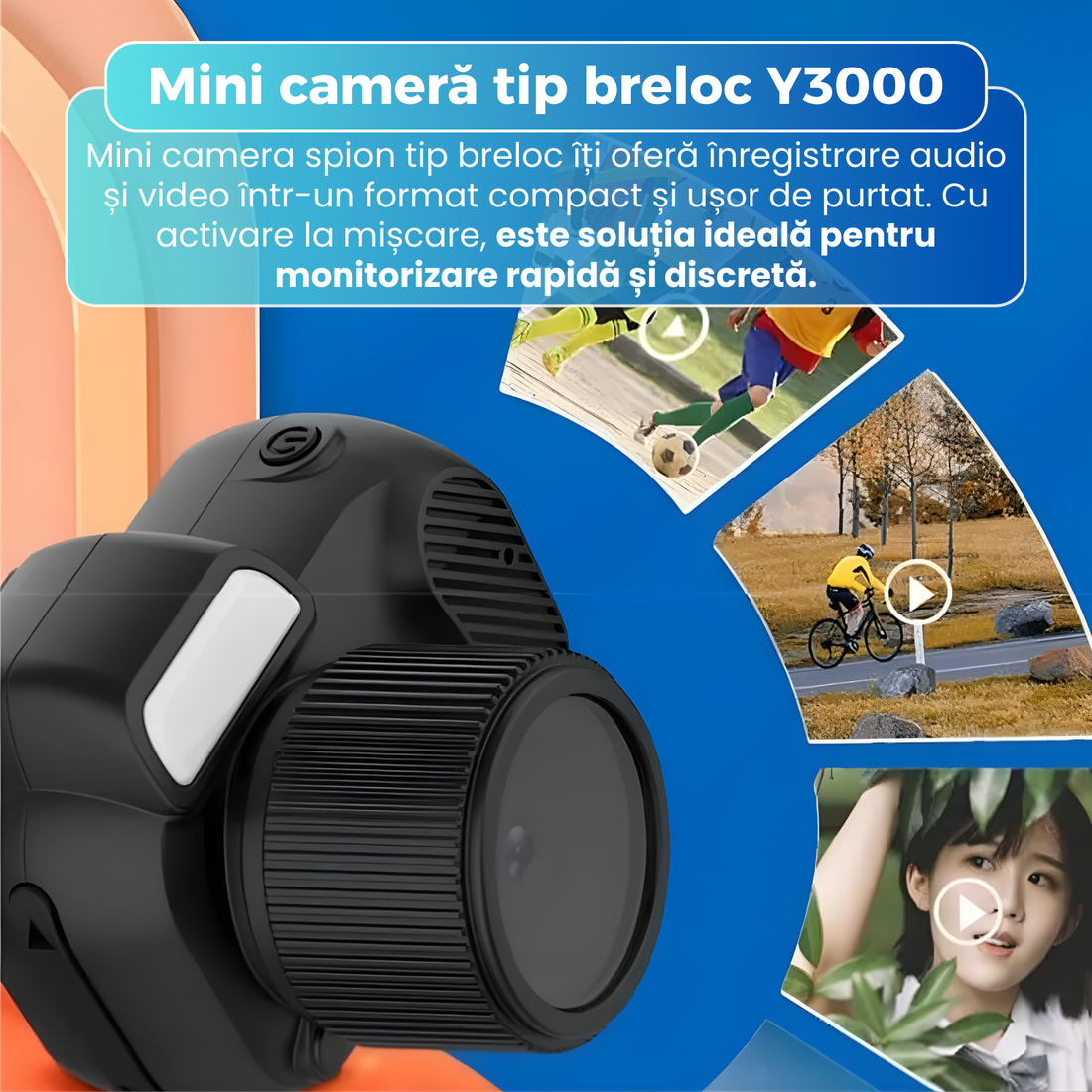 Mini camera spion tip breloc, Y3000, inregistrare audio video, detectare miscare, ecran HD 0.96 Inch, inregistrare in bucla, autonomie 60 minute, design compact, negru