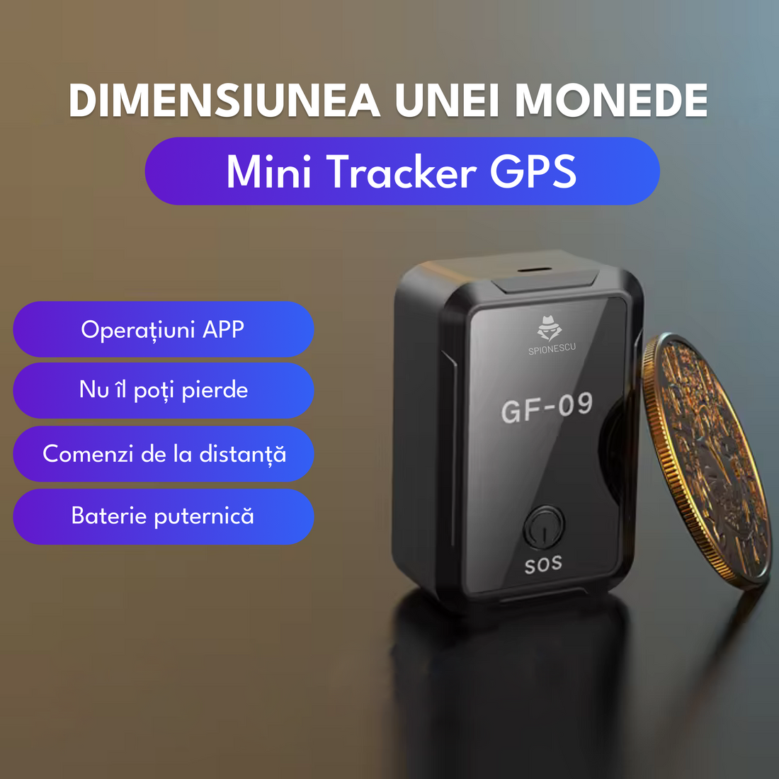 Mini tracker GPS spion 2G, GF09, localizare GSM, GPS, WiFi si LBS, urmarire in timp real, buton SOS, triplu control, istoric traseu, autonomie 6 zile, standby 12 zile, negru