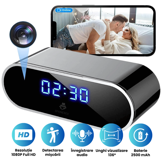 Ceas cu camera ascunsa audio-video, WiFi, HD, detectarea miscarii pe iOS, night vision