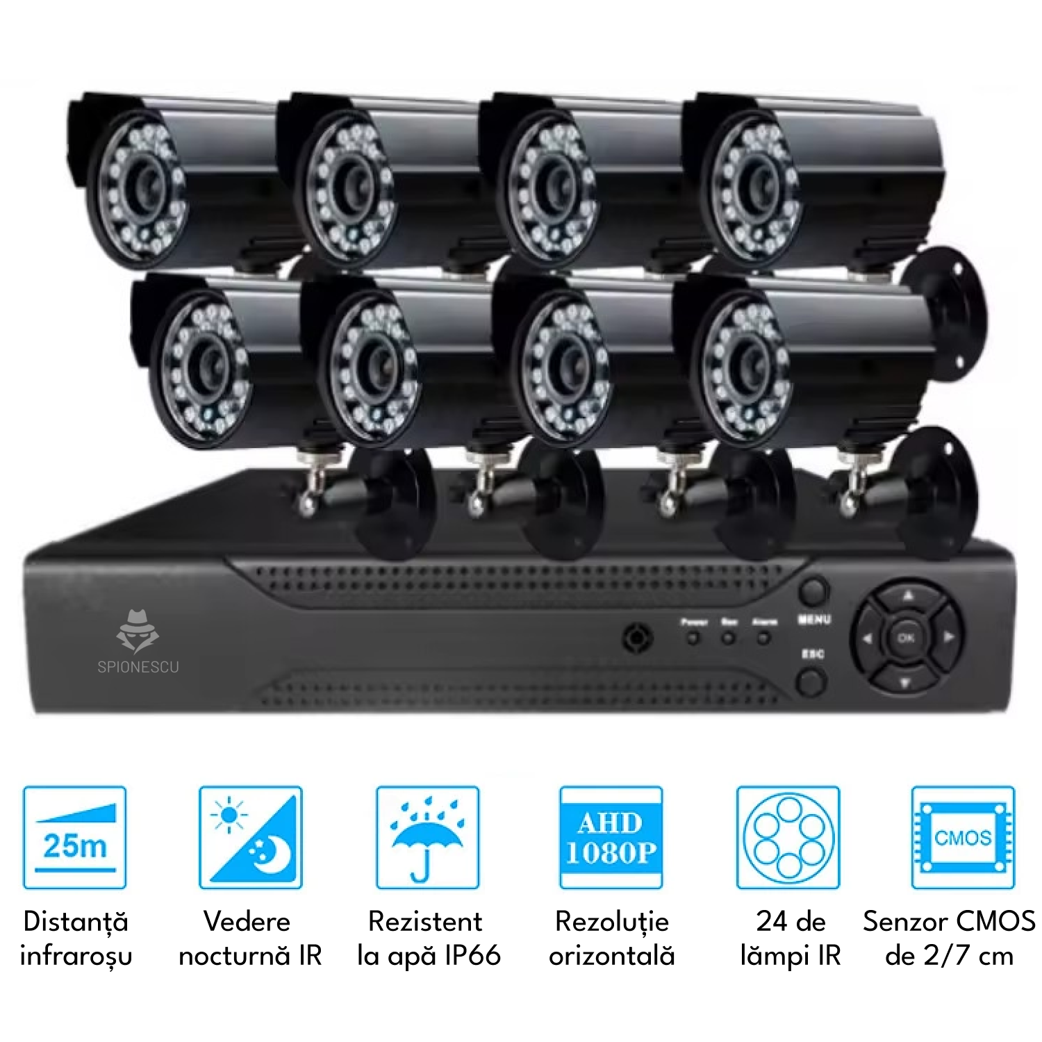 Kit supraveghere video exterior, 8 camere, 2MP, vedere nocturna IR, DVR cu 4 canale, Full HD, IP66, detector de miscare