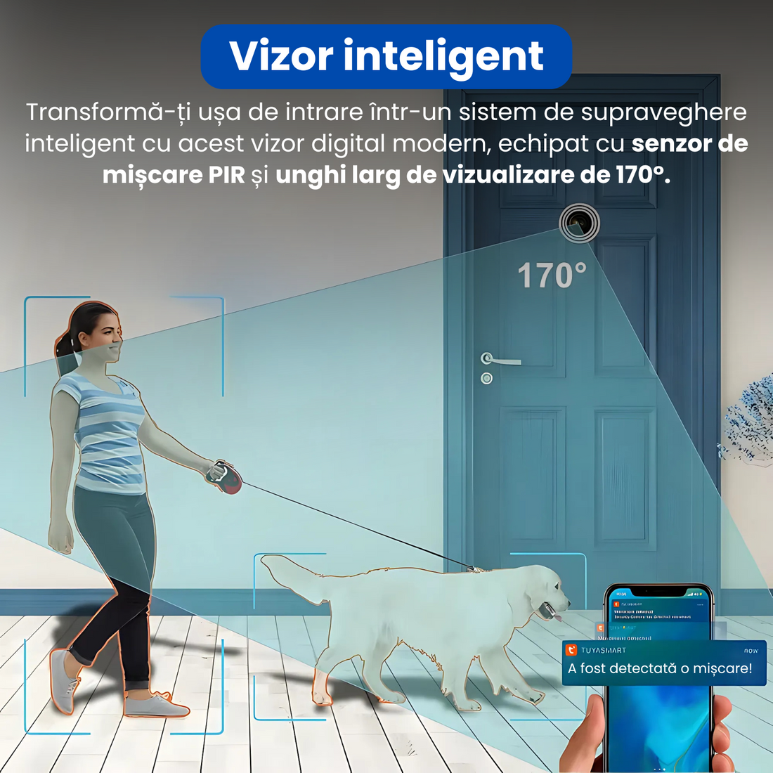Vizor inteligent pentru usa cu camera video 1080P, WiFi dual band 2.4G/5G, senzor de miscare PIR, audio bidirectional, vedere nocturna IR, stocare cloud si card TF, control din aplicatie Tuya Smart, unghi larg 170°