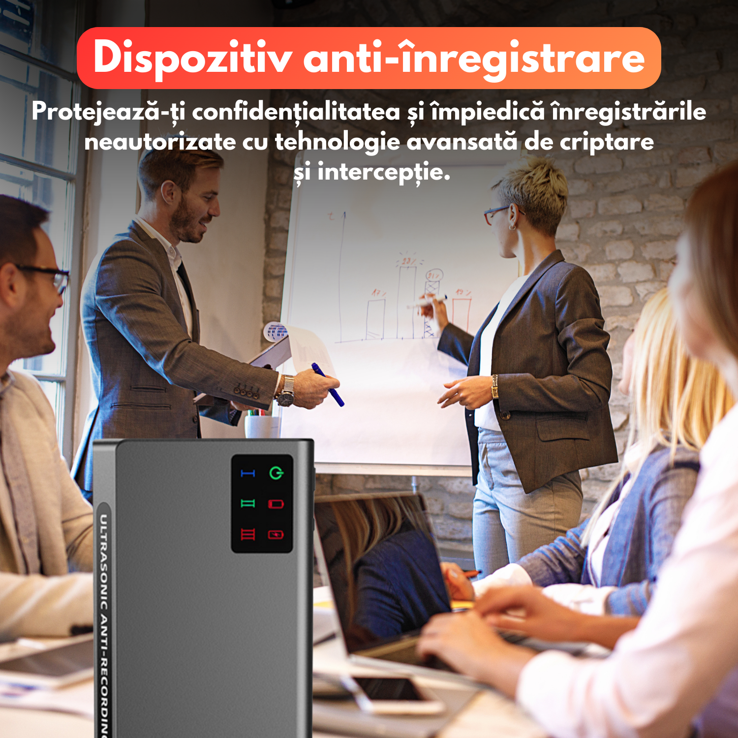 Dispozitiv anti-inregistrare, tehnologie ultrasunete avansata, distorsionare sunete, autonomie 180 min, baterie 4000mAh, protectie 270°, control wireless pana la 50m