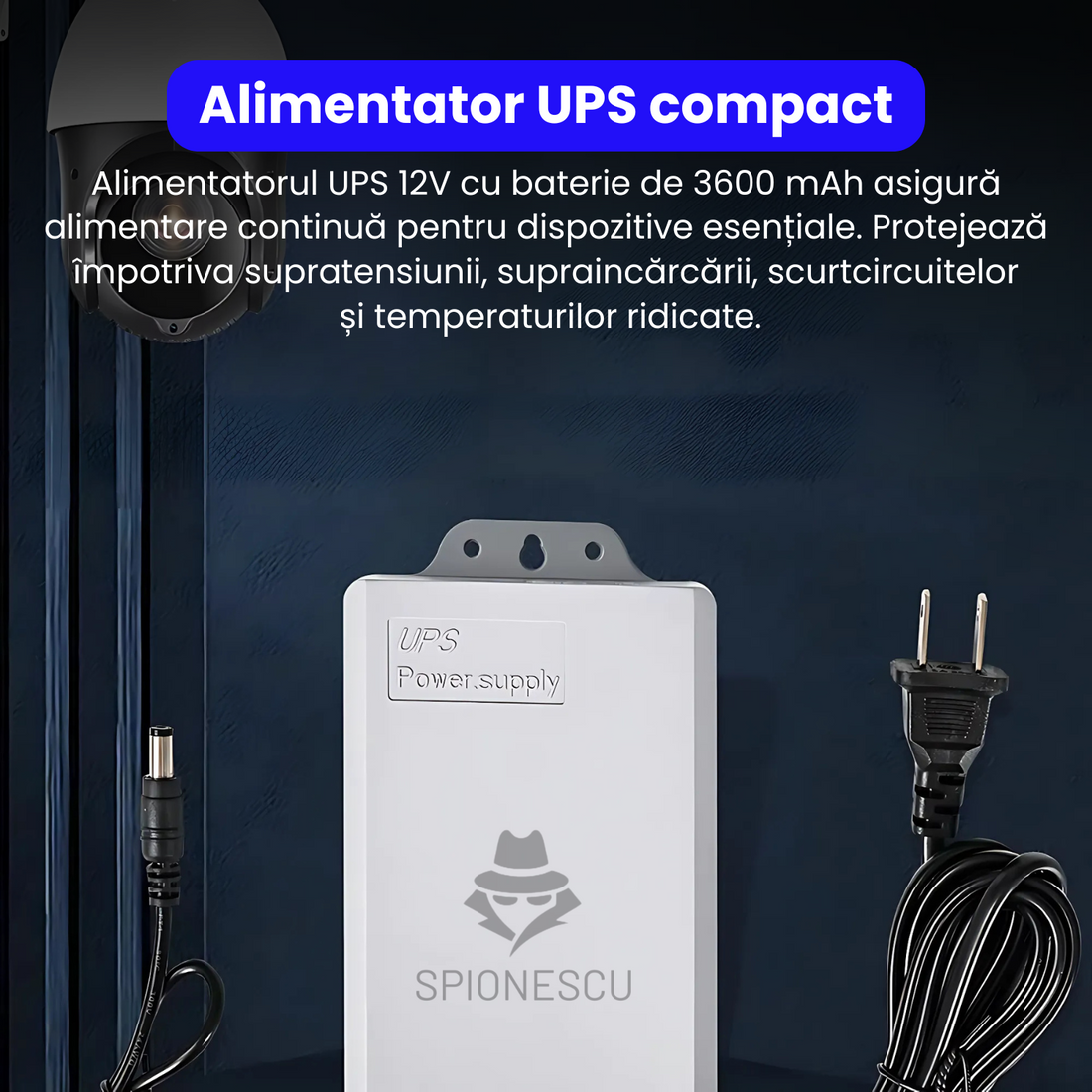 Alimentator UPS 12V portabil, baterie reincarcabila 3600 mAh, protectii integrate la supratensiune, supraincarcare, scurtcircuit si temperaturi ridicate, iesire DC 5.5 mm, compatibil cu camere de supraveghere si alte dispozitive, alb