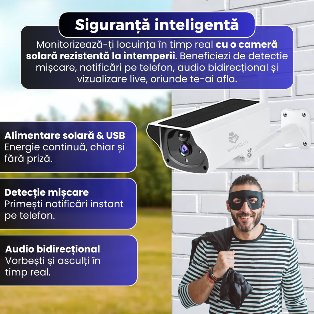 Camera de supraveghere WiFi cu panou solar, rezolutie 1080P Full HD, detectie PIR cu alerte push, audio bidirectional,vedere nocruna, rezistenta la intemperii, alimentare USB