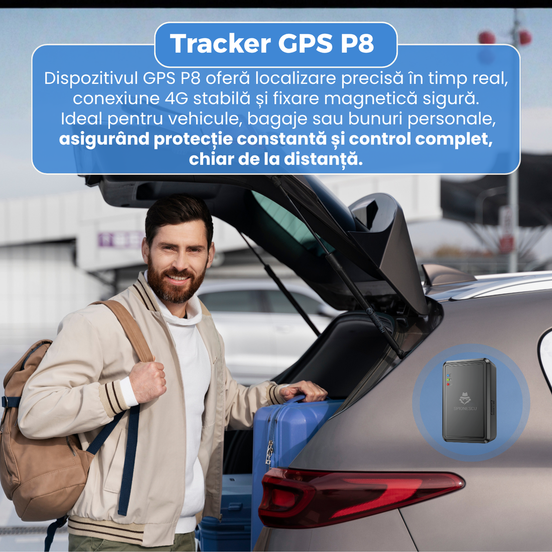 Tracker GPS P8, localizare 4G in timp real, baterie 1200 mAh, alerte miscare, pozitionare multipla GPS + WiFi + LBS + BD, fixare magnetica, aplicatie iOS/Android