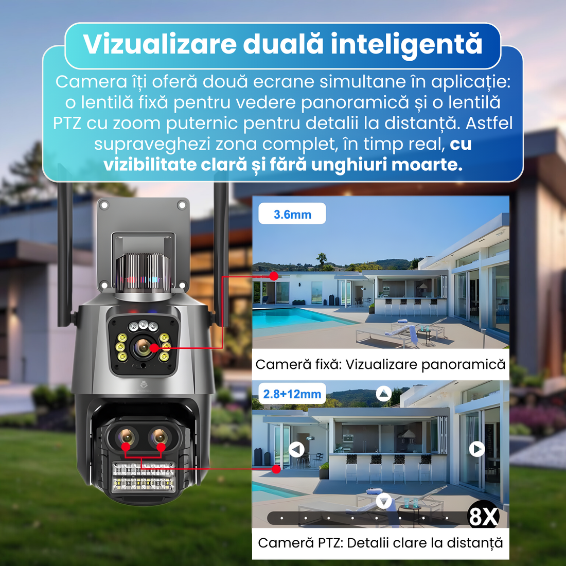 Camera de supraveghere tripla 4K, WiFi, 9MP, PTZ 355°, zoom digital 8X, viziune nocturna color + IR, detectie miscarare, IP66, conectivitate bluetooth si RJ45, CCTV, comunicare bidirectionala