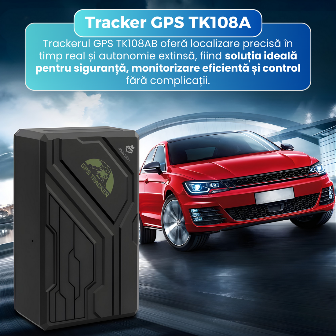 Tracker GPS auto magnetic cu microfon, TK108A, GSM 2G, baterie 10000 mAh, alarme multiple, geofence, IP66, localizare in timp real, negru