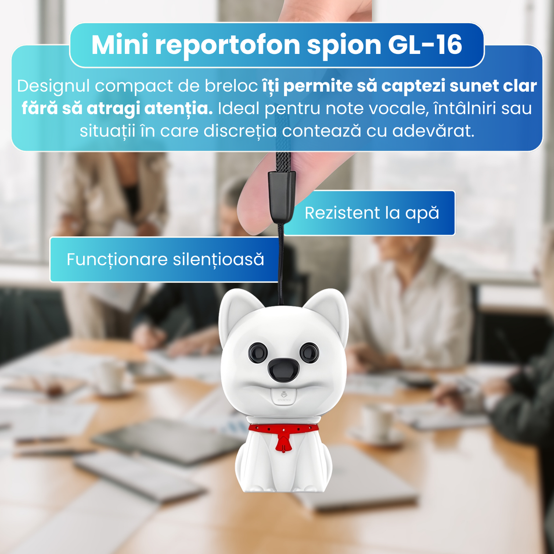 Mini reportofon spion tip breloc, GL-16, design caine, activare vocala, inregistrare silentioasa, autonomie pana la 70 ore, rezistent la apa si praf, MP3 player, memorie interna, alb