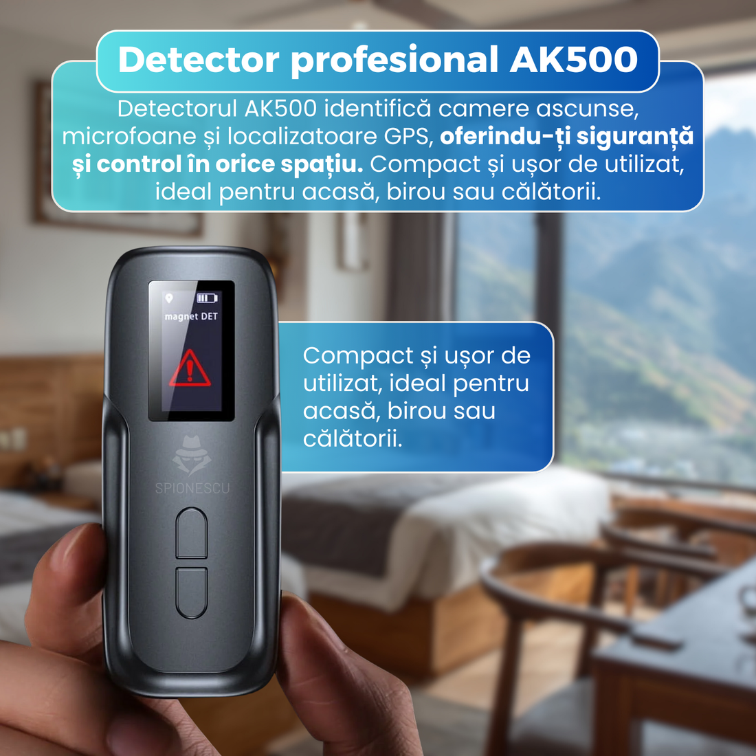 Detector camere ascunse, AK500, microfoane si GPS AK500, ecran OLED, detectare semnale wireless, functie lanterna, portabil, standby 30 zile, baterie 220 mAh, negru
