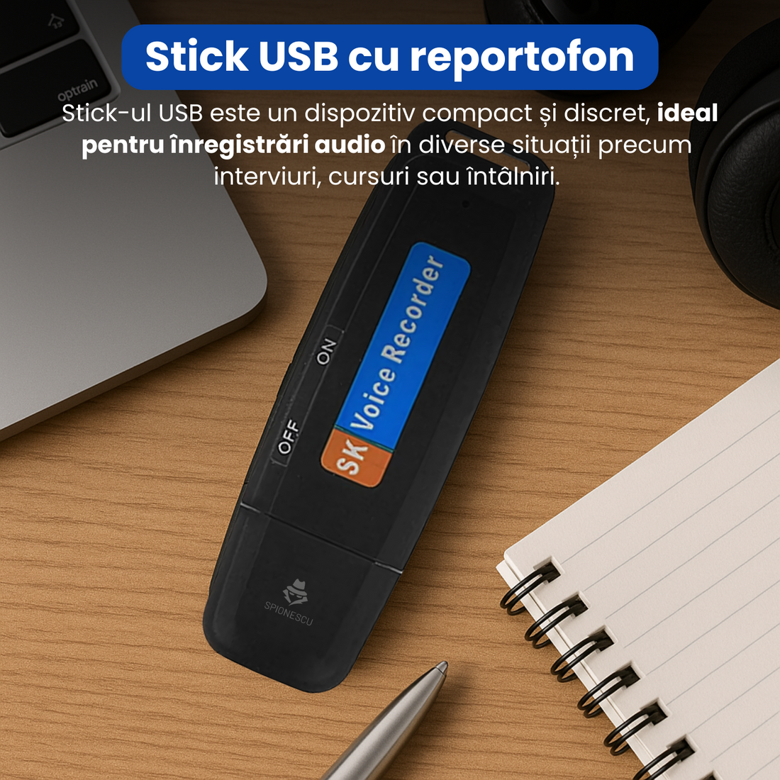 Stick USB cu reportofon, Spionescu, inregistrare audio pana la 12h, Slot Card TF, activare rapida, raza 10m, USB 2.0, compatibil Windows/iOS