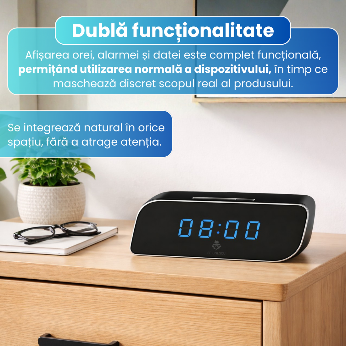 Camera spion WI-FI ascunsa in ceas desteptator, detectare miscare pe iOS, rezolutie 1080P, Tehnologie DVR Wi-Fi IP, 2500 mAh, autonomie 5 ore, unghi de vizualizare 136°, negru