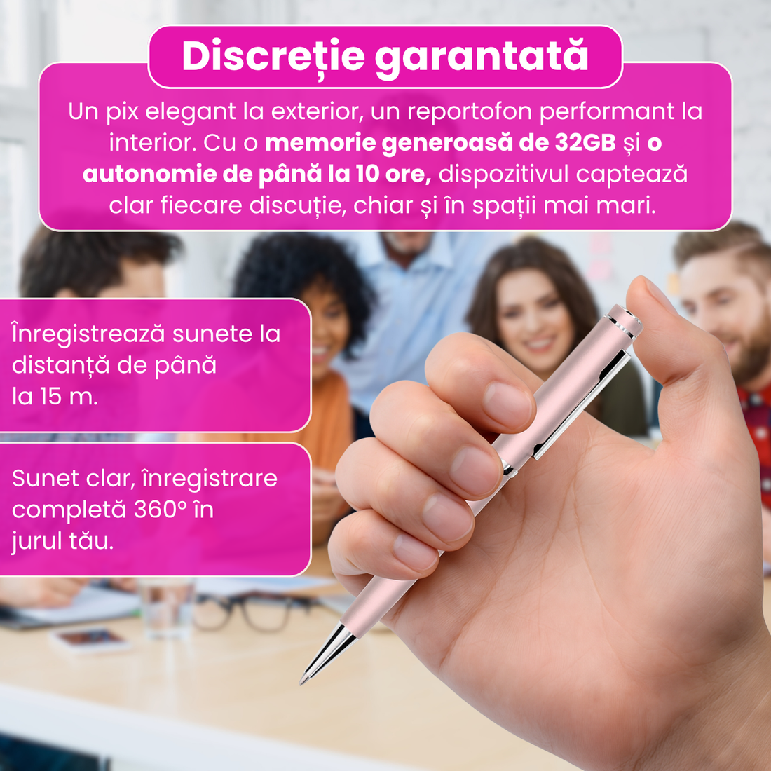 Pix cu reportofon spion integrat, D3191, 32GB memorie interna, autonomie 10 ore, raza inregistrare 15m, microfon 360°, compatibil smartphone Type-C/Lightning, functie MP3 player, design elegant si discret, rose gold