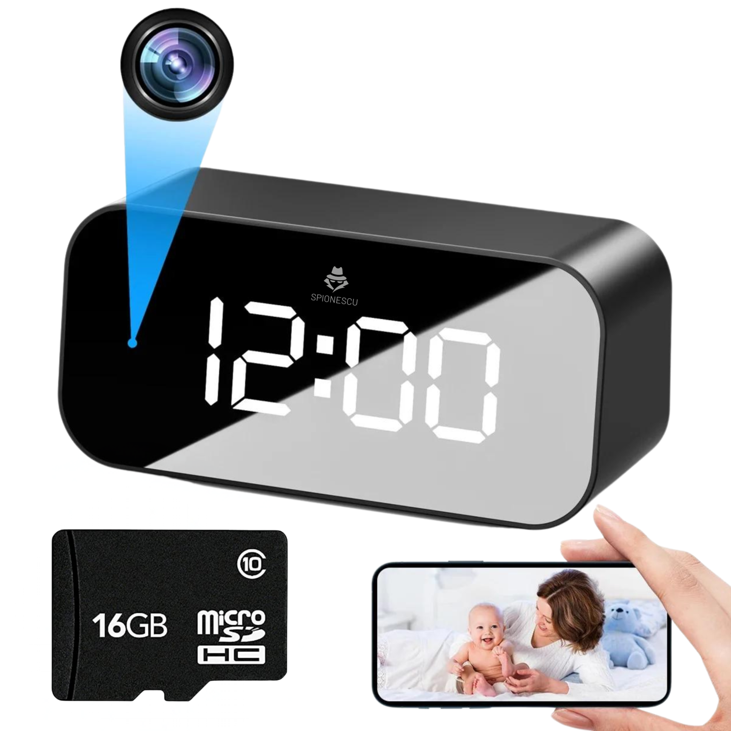 Ceas spion cu camera ascunsa, TC100, WIFI, unghi de 166°, vedere nocturna, detectarea miscarii, baterie 2500 mAh, negru