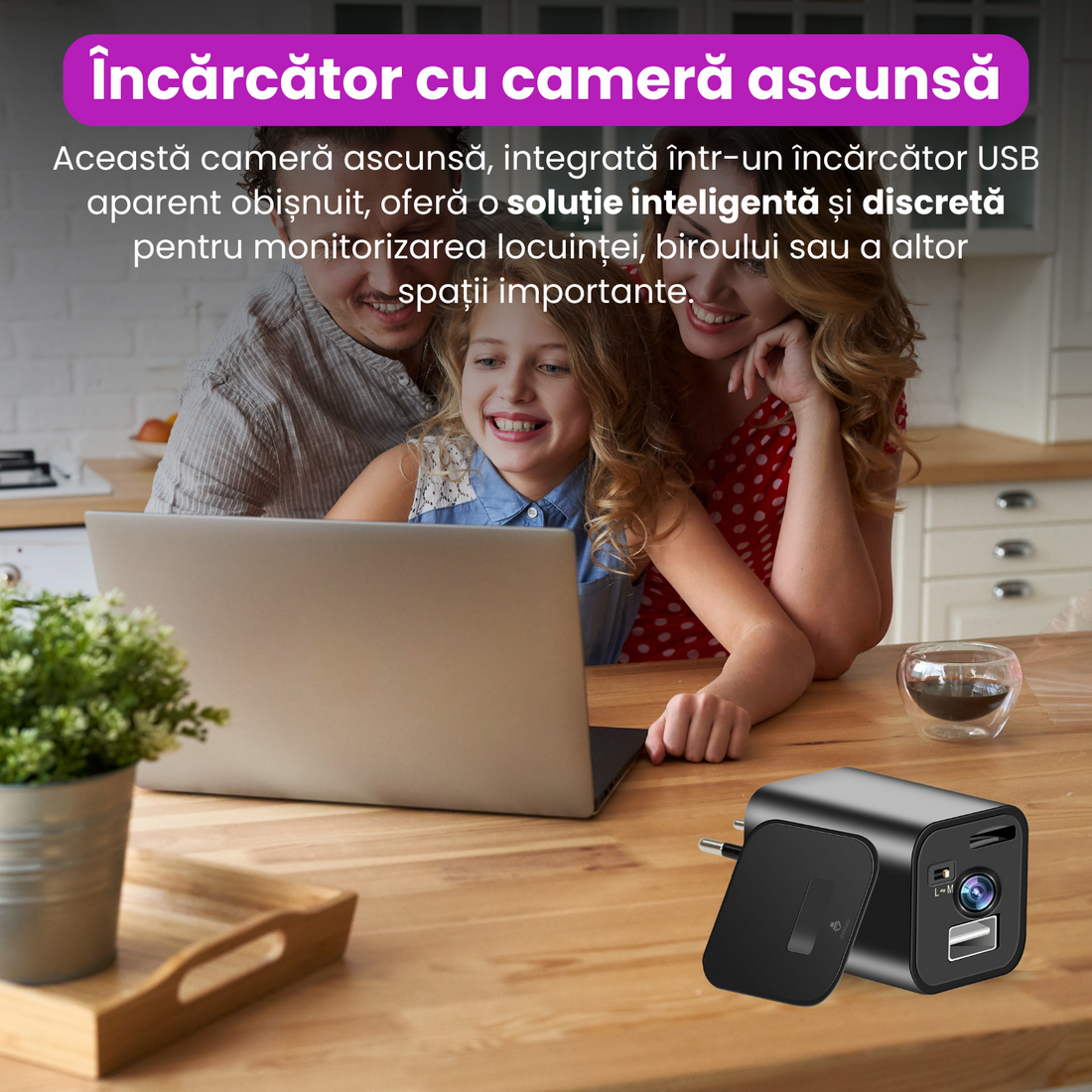 Incarcator USB cu camera ascunsa 1080P, detectie miscarie, inregistrare in bucla, fara Wi-Fi, suport card microSD, supraveghere discreta non-stop