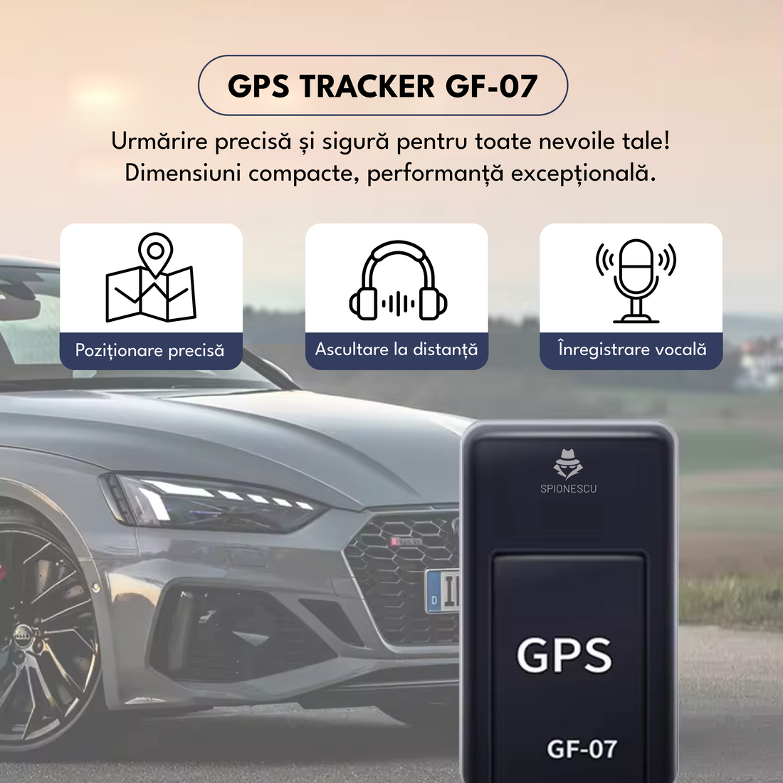 Mini tracker GPS spion 2G, GF07, localizare GPS+AGPS+LBS, inregistrare vocala, redare traseu, magnetic, anti furt, standby 12 zile, negru