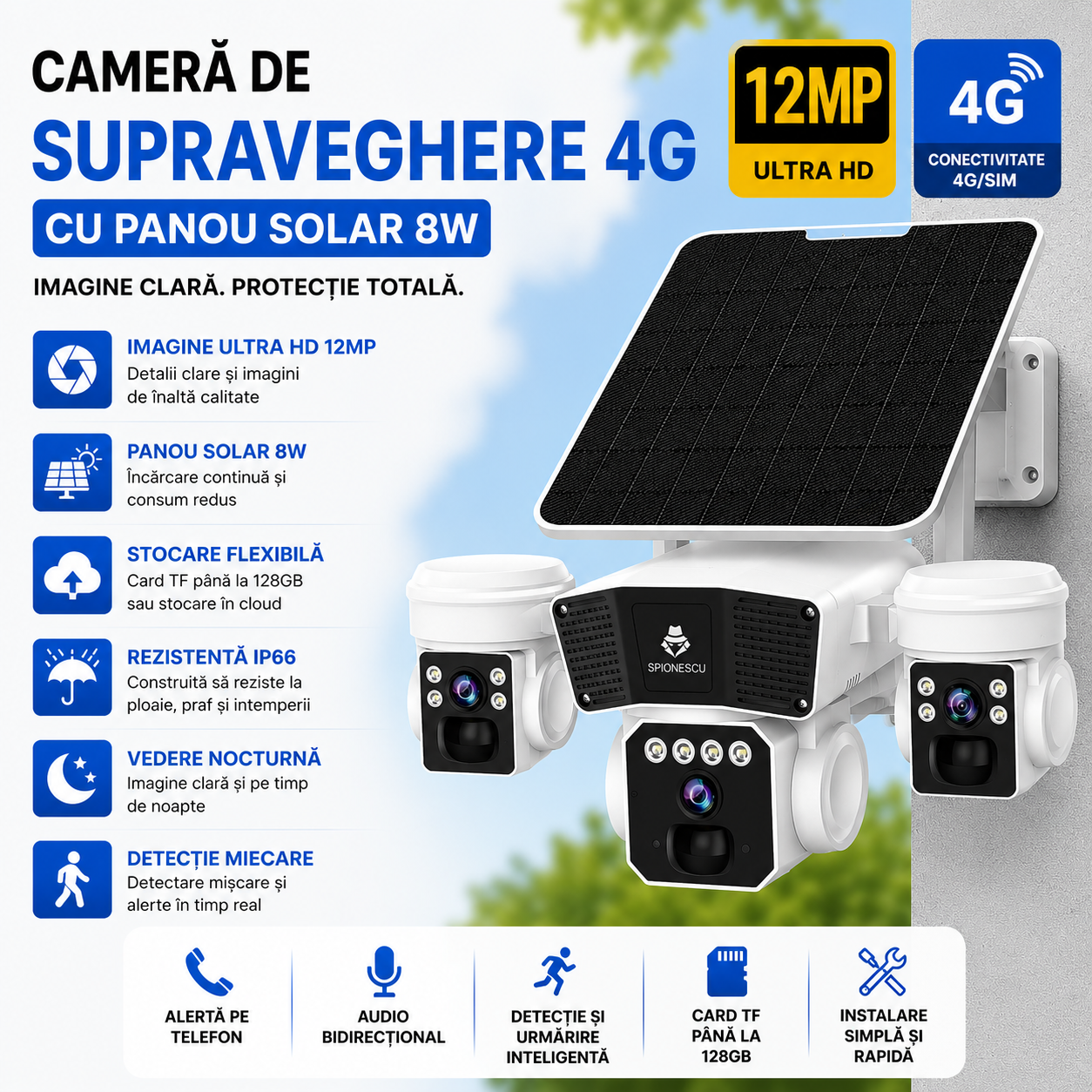 Camera Supraveghere Exterior Tripla 4G cu SIM, 12MP, Panou Solar + Baterie 16000mAh, Viziune Nocturn