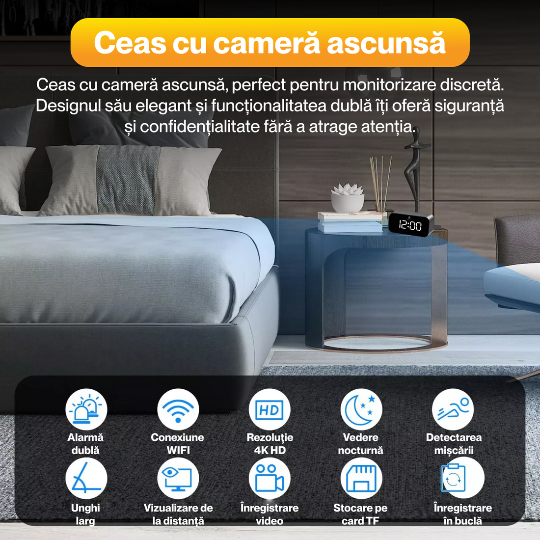 Ceas spion cu camera ascunsa 4K, TC100, WIFI, unghi de 166°, vedere nocturna, detectarea miscarii, baterie 1200 mAh, autonomie 4 ore