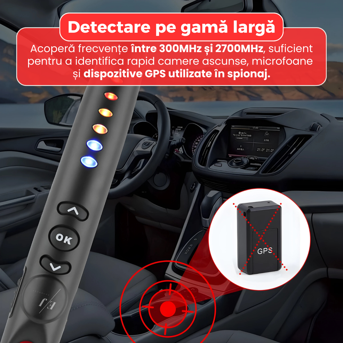 Detector aparate spionaj G718, detecteaza camere ascunse, microfoane spion, localizatoare GPS si reportofoane, frecventa 300–2700 MHz, alarma 80 dB, lanterna LED, baterie reincarcabila 280 mAh, autonomie 3–5 ore, negru