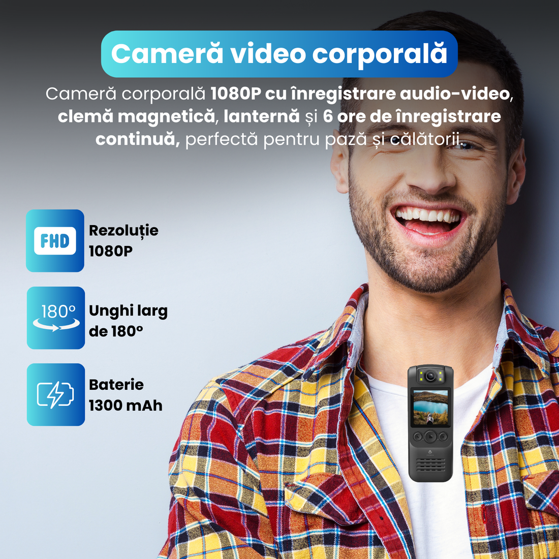 Camera video corporala, body cam 1080P, WiFi HotSpot, baterie 1300 mAh, unghi larg de 180°, lanterna integrata, dimensiuni compacte 9.9 x 2.5 x 3.8 cm, design portabil, inregistrare discreta