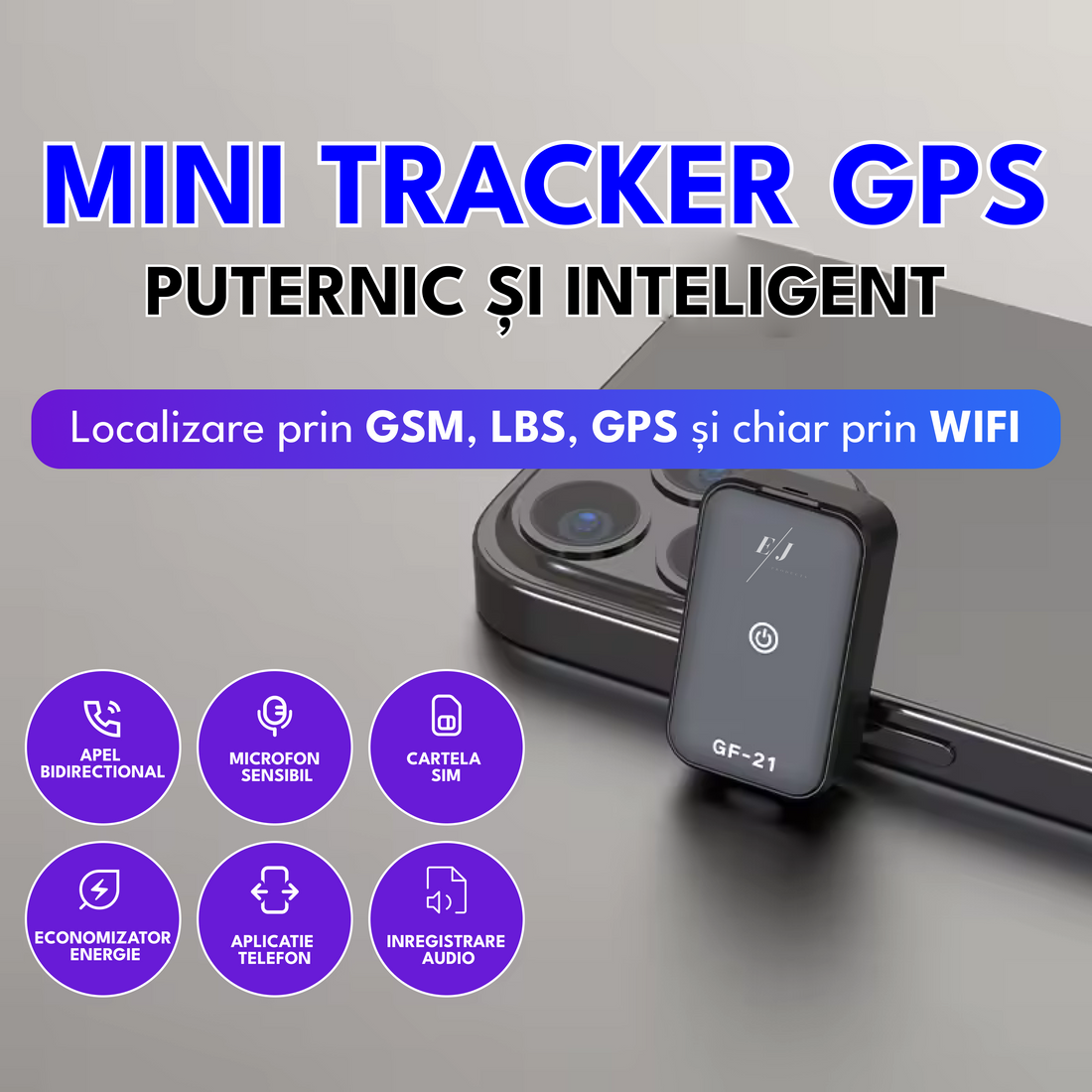Mini tracker GPS, GF21, localizare LBS+GPS+GSM+WIFI, activare vocala, alerta SOS, autonomie 6 zile, standby 10 zile