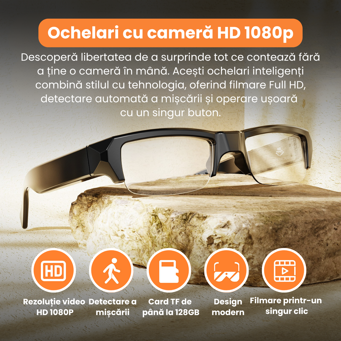 Ochelari inteligenti cu camera video ascunsa 1080P, design elegant, detectie miscare, suport TF 128GB, playback si inregistrare continua, incarcare USB, operare printr-un singur buton