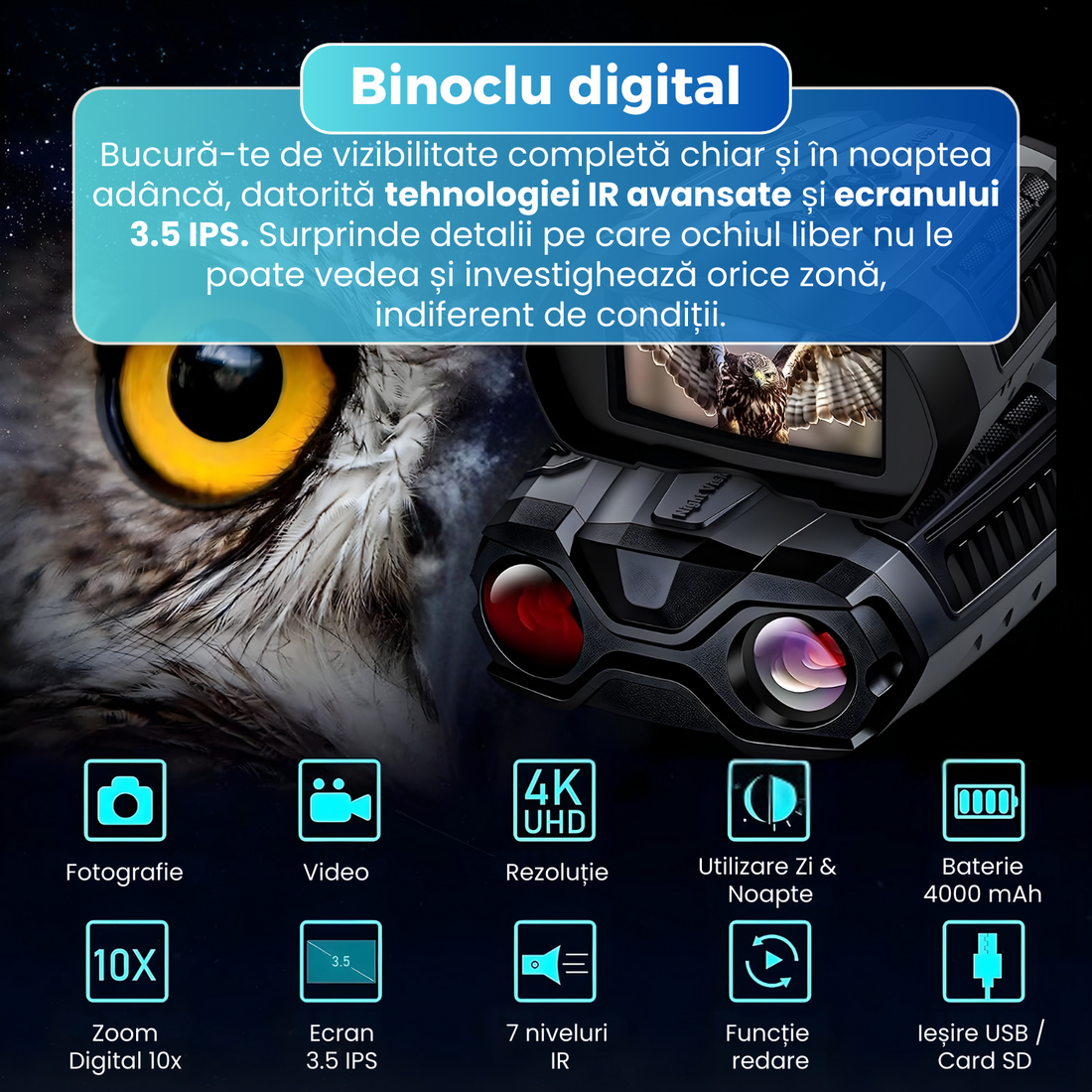 Binoclu digital profesional cu vedere nocturna 4K UHD, zoom optic reglabil 10x, iluminare IR, ecran 3.5 inch, card 32GB inclus, baterie 4000 mAh, utilizare zi/noapte, negru