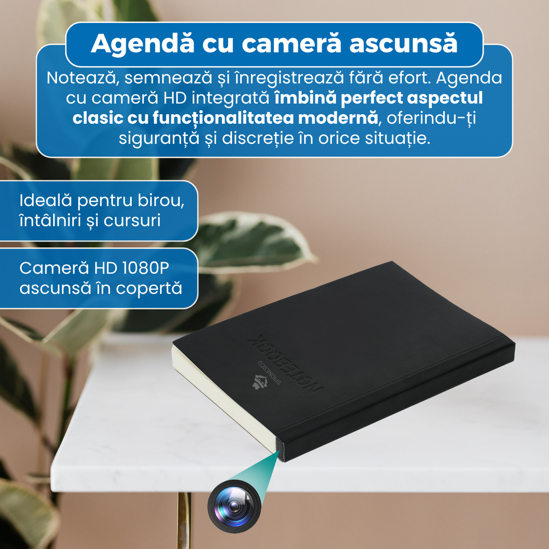 Agenda cu camera ascunsa, rezolutie 1080P, inregistrare continua si la detectie miscare, baterie 300mAh, slot microSD, functie de scriere reala, design discre