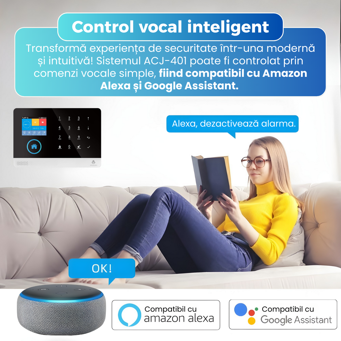 Sistem de alarma wireless inteligent, ACJ-401, WiFi si GSM, ecran color touchscreen, control prin aplicatie Tuya Smart / Smart Life, apel SMS notificari, suport senzori PIR, usa, fum, gaz, RFID, alb