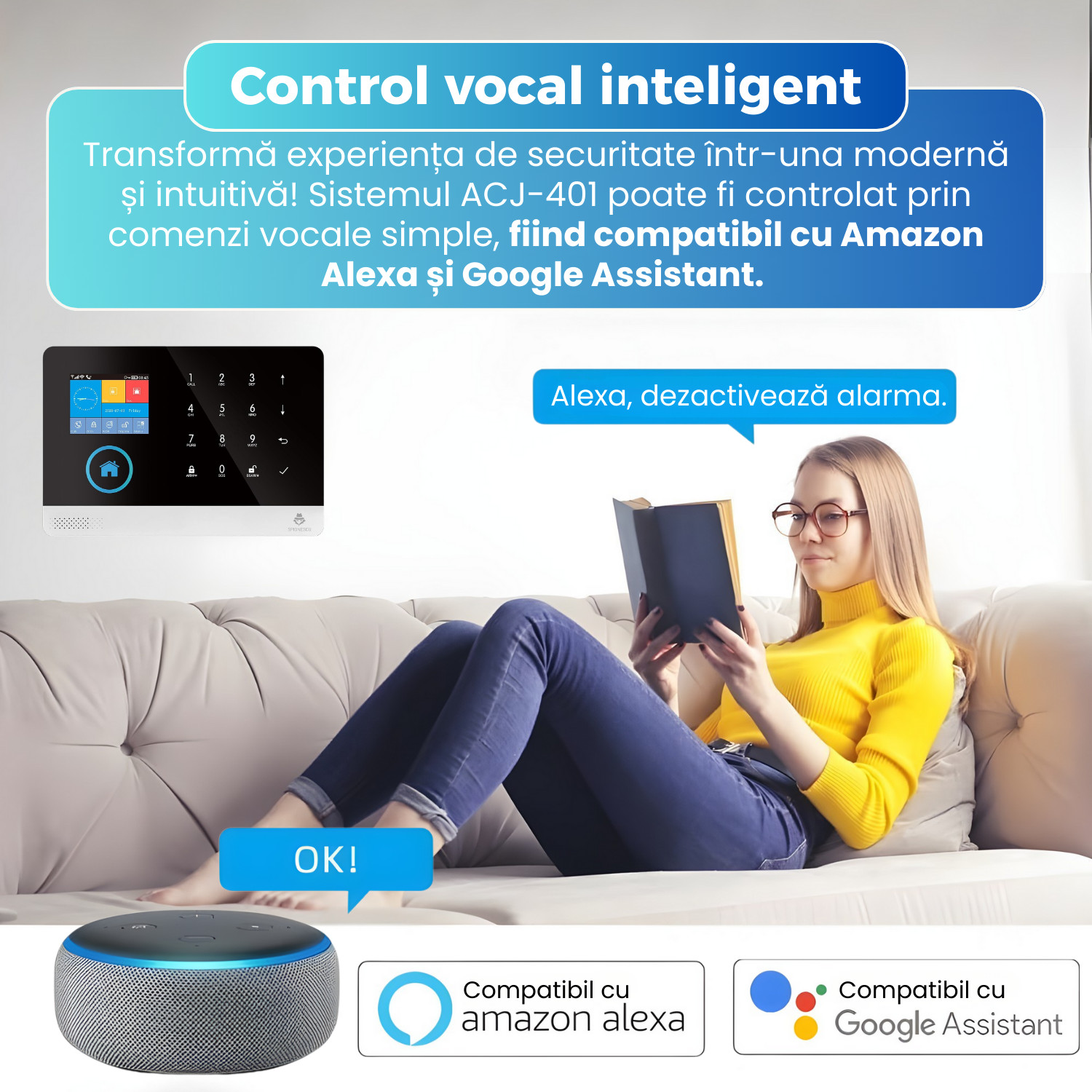 Sistem de alarma wireless inteligent, ACJ-401, WiFi si GSM, ecran color touchscreen, control prin aplicatie Tuya Smart / Smart Life, apel SMS notificari, suport senzori PIR, usa, fum, gaz, RFID, alb