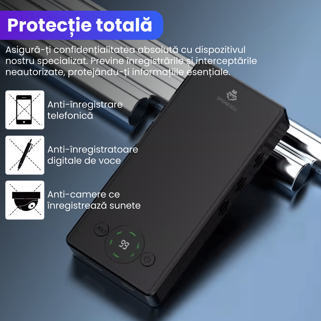 Dispozitiv anti-inregistrare, F10, tehnologie ultrasunete avansata, distorsionare sunete, baterie 4000mAh, protectie 300°, control wireless pana la 50m, power bank integrat