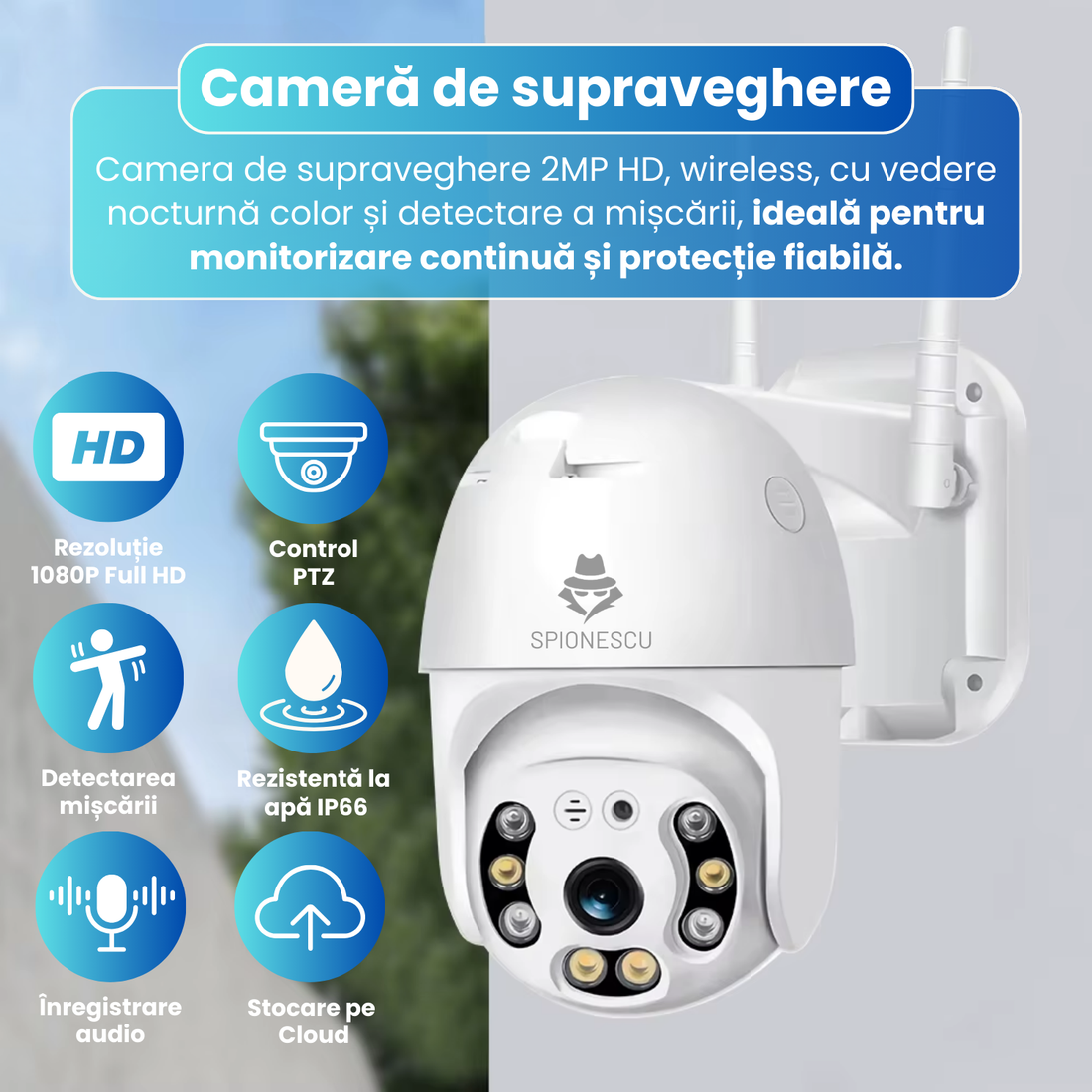 Camera de supraveghere 2 MP HD, PTZ, vedere nocturna color, WIFI, detectie forma umana, microfon incorporat, rezistent la apa IP66, comunicare bidirectionala