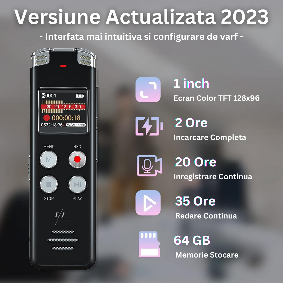 Reportofon digital cu activare vocala, L357, 64 GB, autonomie 20 ore, redare 35 ore, functie MP3 player, anulare a zgomotului, negru