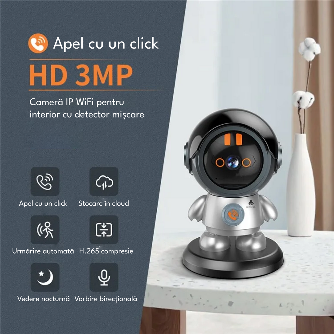 Camera de supraveghere tip robot 2 MP, functie baby monitor, MP3, rotire 360 grade, Full HD 1080P, Wi-Fi, mod noapte, urmarire automata, vorbire birectionala, stocare in cloud