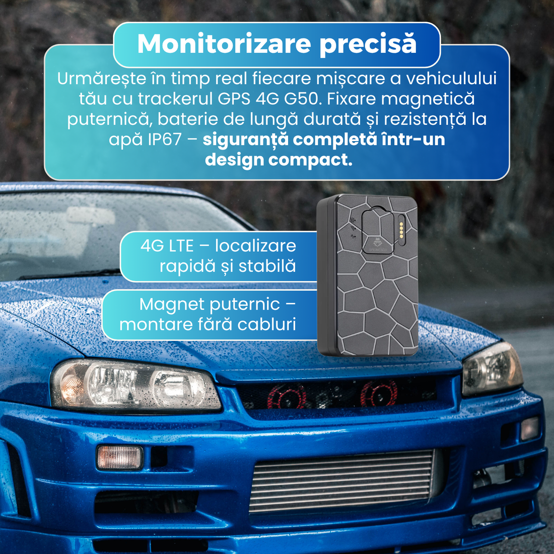 Mini Tracker auto GPS 4G, G50, baterie 10 000 mAh, magnet puternic, rezistent la apa IP67, monitorizare in timp real, aplicatie dedicata, redare traseu, localizare GSM/GPS/GPRS/LBS/AGPS