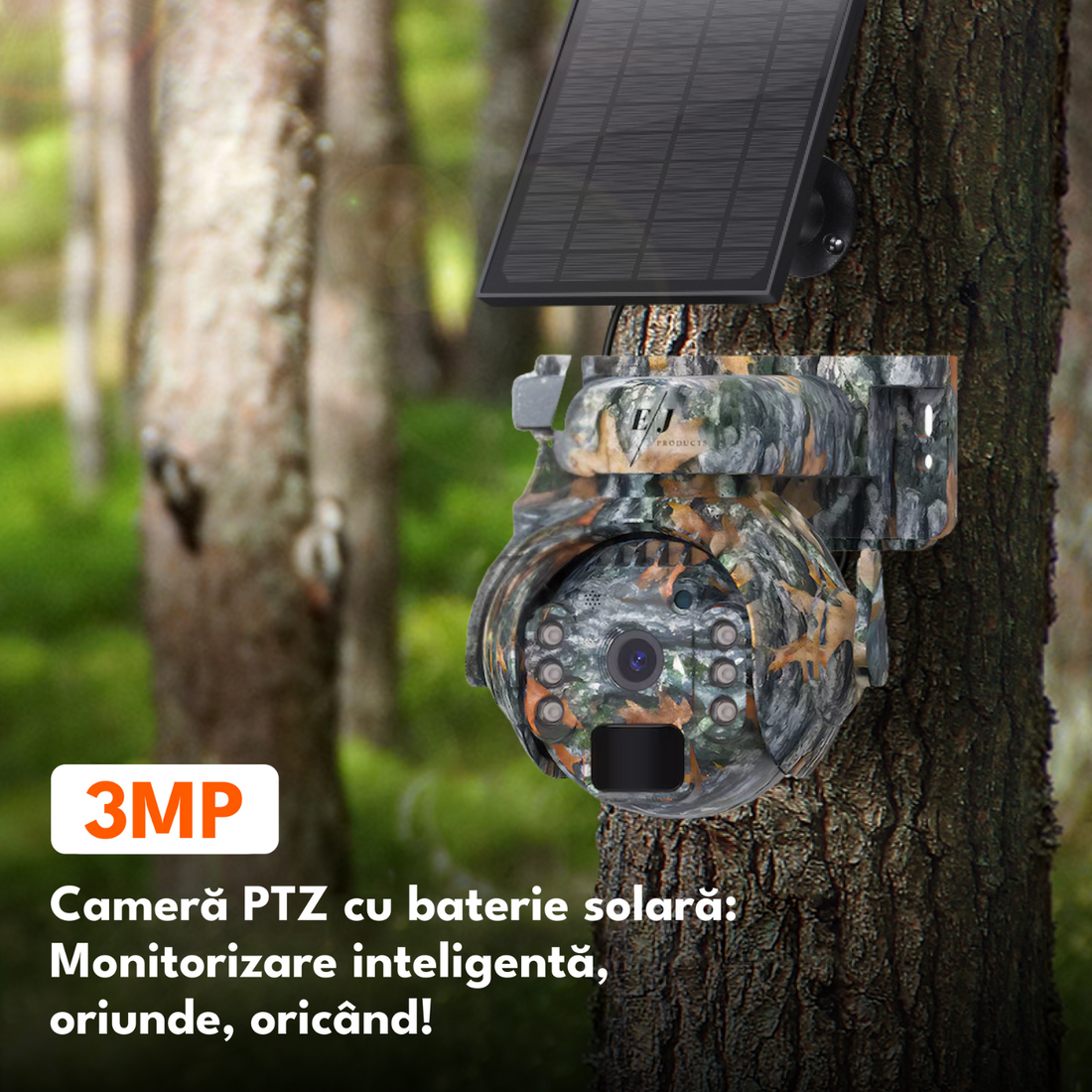 Camera de supraveghere, WiFi, 3MP, rotire 355°, inclinare 90°, alimentare solara, video, audio bidirectional, vizionare nocturna, detectarea miscarii, camuflaj