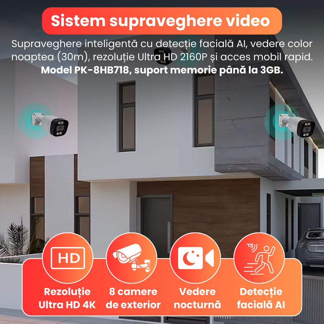 Kit complet supraveghere 4K cu DVR si 8 camere exterior PK-8HB718, detectare faciala AI, audio bidirectional, vedere color noaptea,pana la 30m, PoE, IP66