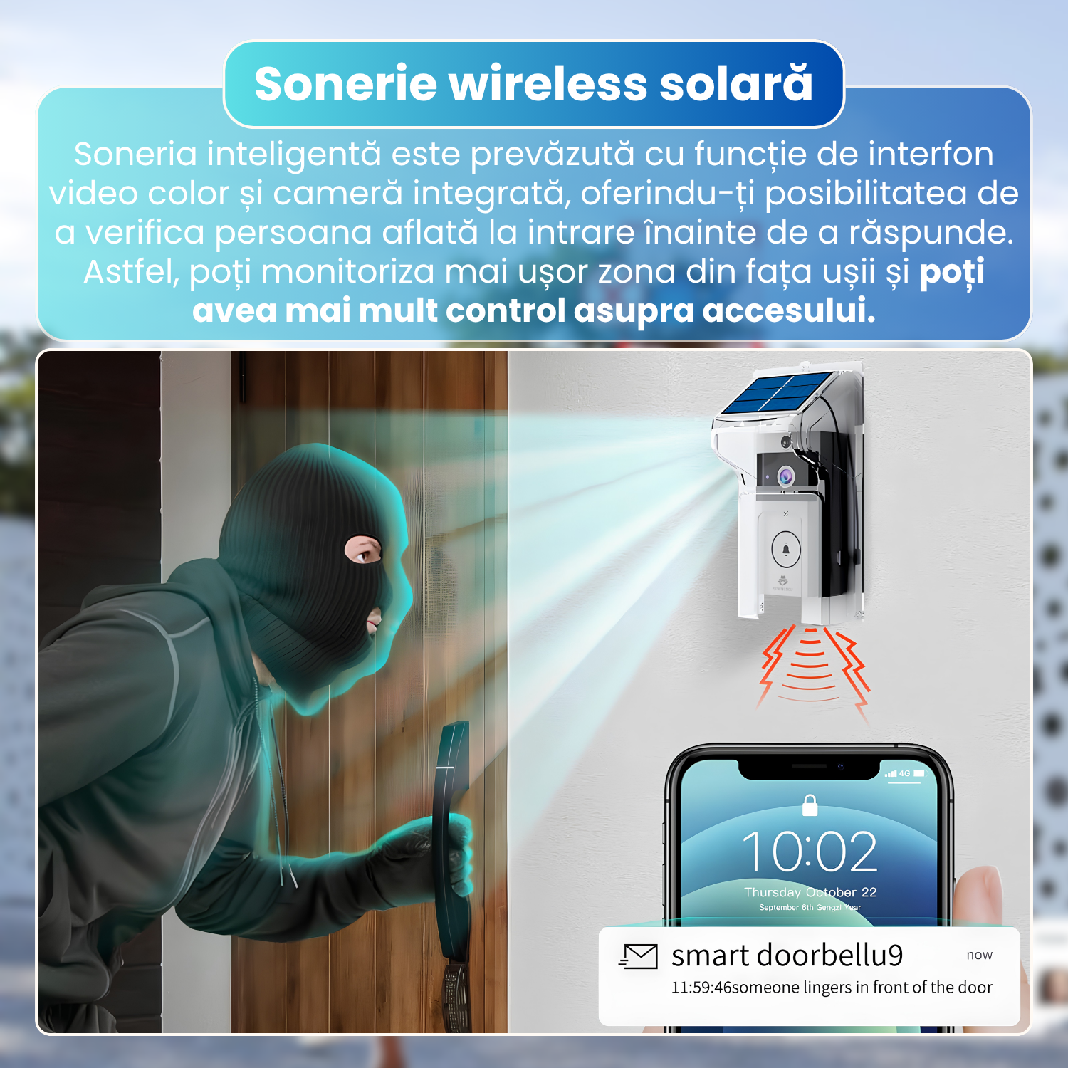 Sonerie video inteligenta wireless, camera HD 1MP, interfon video color, notificari in timp real, audio bidirectional, incarcare solara 0.55W, baterie 3600mA, protectie la ploaie, Chime inclus, alb