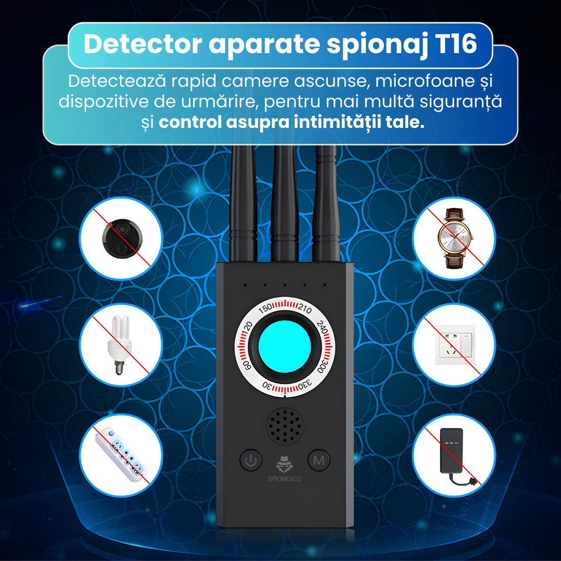 Detector profesional aparate spionaj, T16, camere, microfoane, localizatoare GPS sau GSM, anti-spy, distanta detectare 10m, portabil,negru
