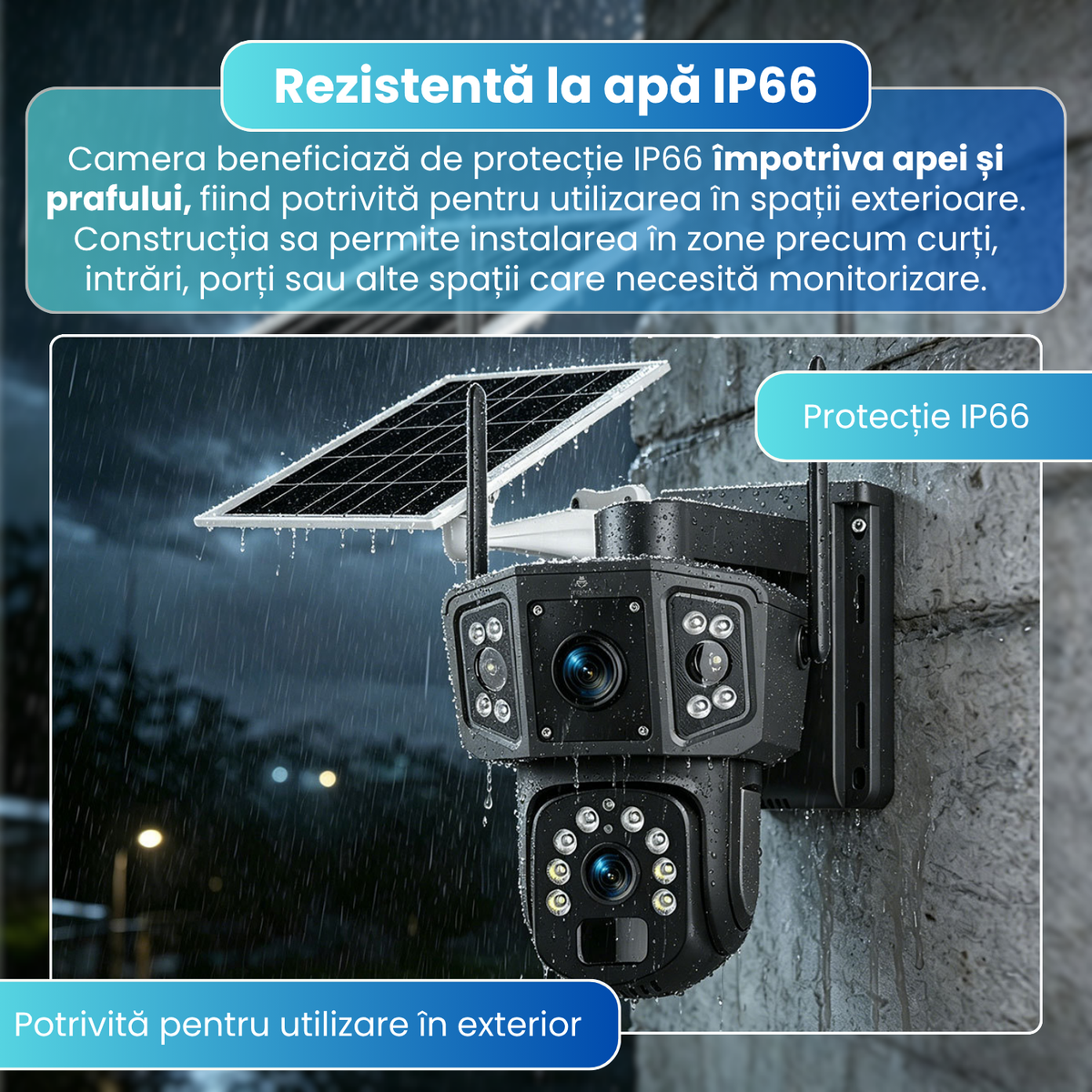 Camera de supraveghere exterior 4G cu panou solar, 6MP Dual Lens, PTZ 355°, detectare PIR persoane, vedere nocturna color, audio bidirectional, baterie 8000mAh, IP66, negru