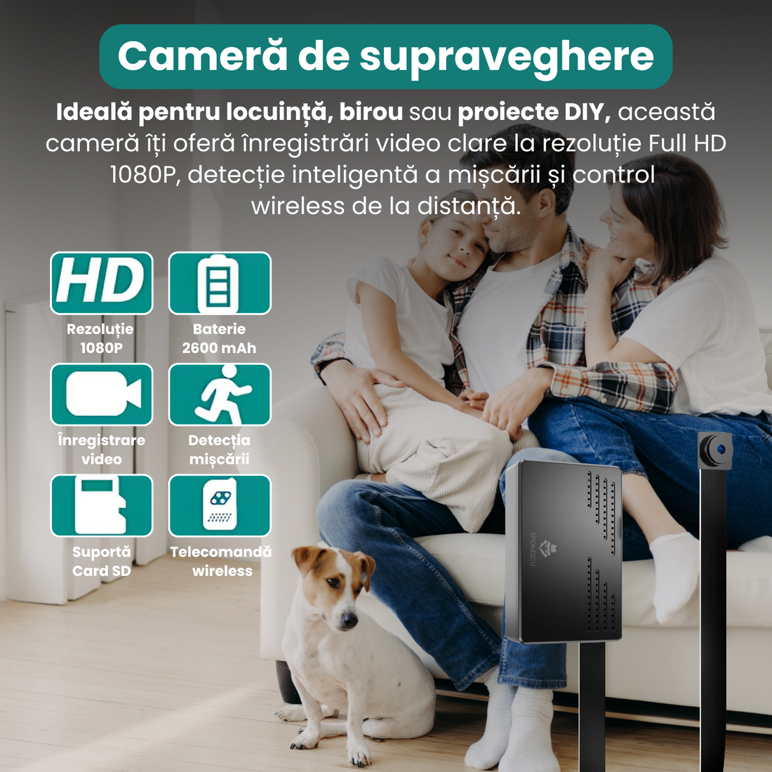 Mini camera supraveghere, 1080P, detectie miscare, baterie 2600mAh, DIY, telecomanda wireless, inregistrare in bucla, vizualizare directa pe laptop