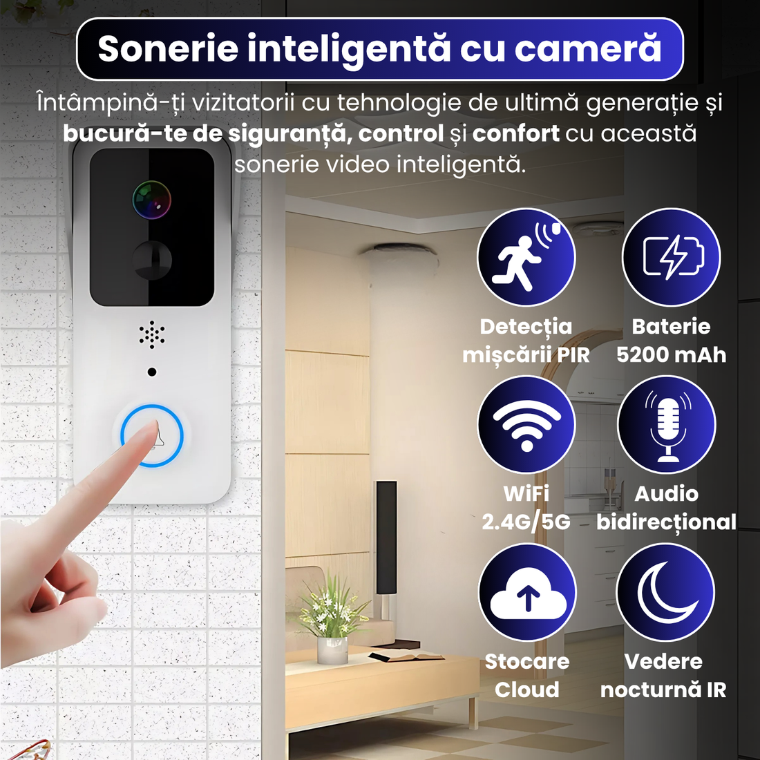 Sonerie inteligenta cu camera HD, vedere nocturna IR, audio bidirectional, detectare miscare, control prin aplicatie, baterie 5200 mAh, raza actiune 10 m, rezistenta la apa, conexiune WiFi 2.4G/5G, alb