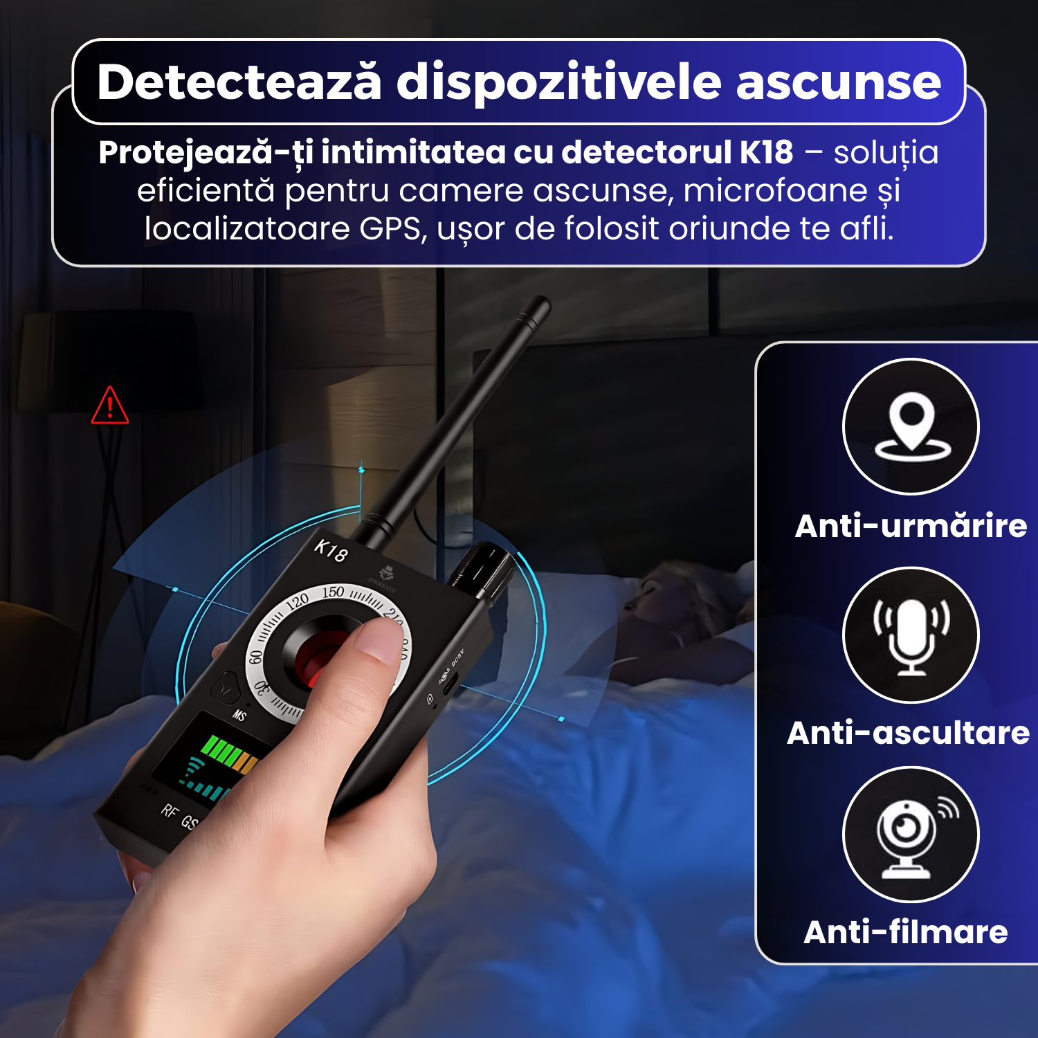 Detector dispozitive spionaj K18, camere ascunse, microfoane, localizatoare GPS, detectie RF 1MHz–6.5GHz, autonomie mare, sensibilitate reglabila, LED rosu, protectie intimitate
